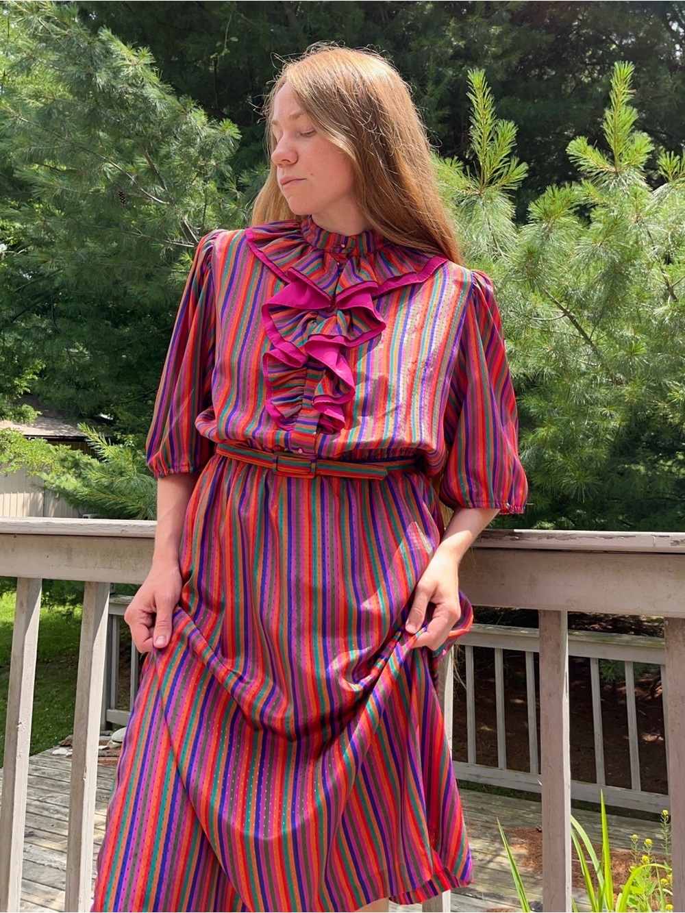 70s Sears Colorful Striped Circus Clown Ruffle Collar Midi Dress Size 14 Retro - Picture 10 of 16